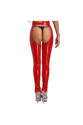 JanJean Leggings Creux Femme Sexy Pantalon en Cuir Verni sans Entrejambe Ouvert Wetlook Collant Taille Elastique Costume Soir