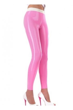 Leggings en Latex pour femmes sexy bande de taille blanche pantalon en Latex maigre de couleur rose