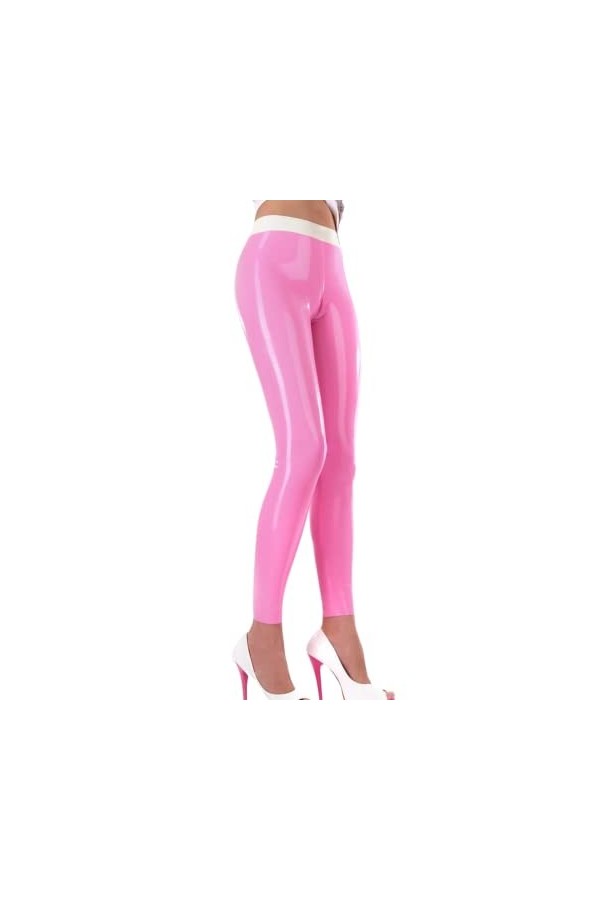 Leggings en Latex pour femmes sexy bande de taille blanche pantalon en Latex maigre de couleur rose