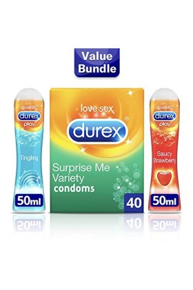 Durex Lot de 40 préservatifs Surprise Me Variété - Gel lubrifiant Durex Play Tingle 50 ml - Lubrifiant Durex Play - Gel Sauce