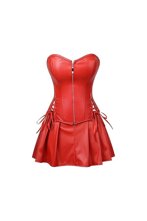 WEITING Gothique Faux Cuir Rouge Vert Corset Robe Gros Busty Basque Corset Mini Jupe Sexy Steampunk Taille Formateur Plus Tai