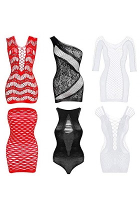 6 Pièces Lingerie en Maille pour Femmes Nuisette en Résille Mini Robe Vêtements de Nuit en Maille Noir L