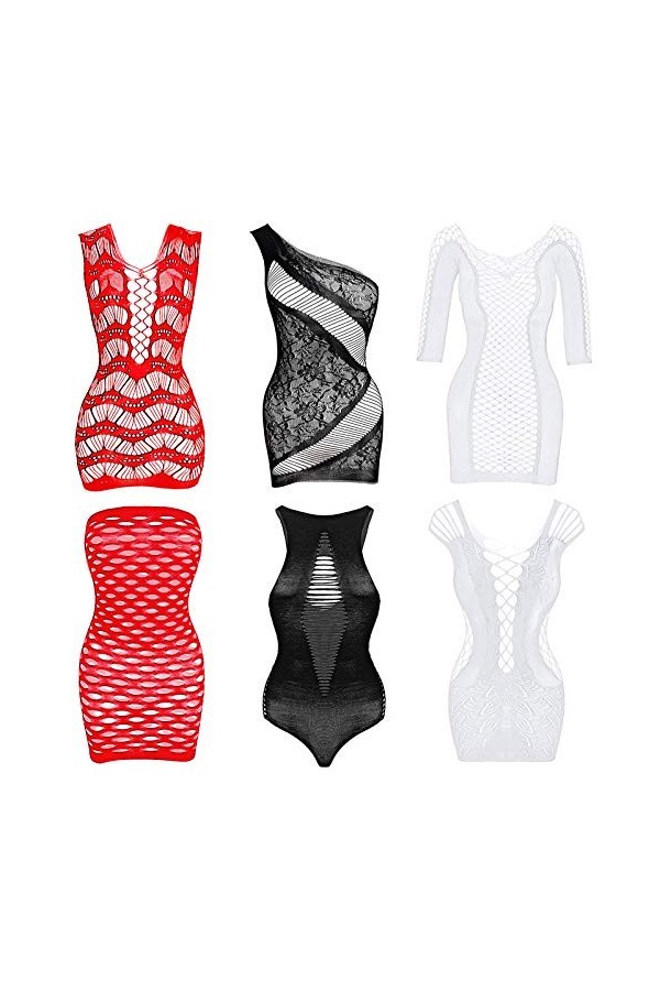 6 Pièces Lingerie en Maille pour Femmes Nuisette en Résille Mini Robe Vêtements de Nuit en Maille Noir L