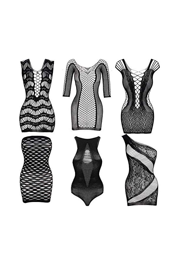 6 Pièces Lingerie en Maille pour Femmes Nuisette en Résille Mini Robe Vêtements de Nuit en Maille Noir L