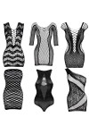 6 Pièces Lingerie en Maille pour Femmes Nuisette en Résille Mini Robe Vêtements de Nuit en Maille Noir L