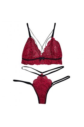 CHAOEN Ensemble de sous-vêtements en dentelle pour femme avec soutien-gorge et culotte - Rouge - XXX-Large