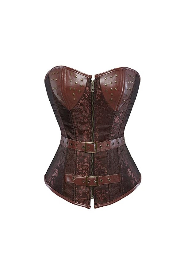 Tafutaanga Bustier Corset Steampunk En Cuir Bronw Taille Plus, Bustier Avant À Fermeture Éclair Gothique, Lingerie Sexy Top S