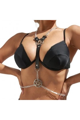 Chaîne de cou sexy avec pentagramme pour femme - Lingerie en cuir - Porte-jarretelles gothique punk - Accessoire rave, club, 
