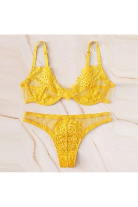 liaddkv Ensemble de lingerie sexy en dentelle pour femme S-2XL, jaune, XXL