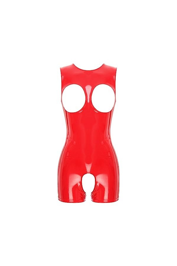 inhzoy Body Cuir Femmes Jumpsuit Lingerie Thongs de Nuit Bodystocking Ouvert Poitrine sans Manches Combishort Wetlook Ouvert 