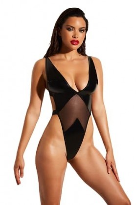 Oh là là Chéri Teddy Limitless Soft Cup High Leg avec vinyle et maille pour femme, noir, Large/X-Large