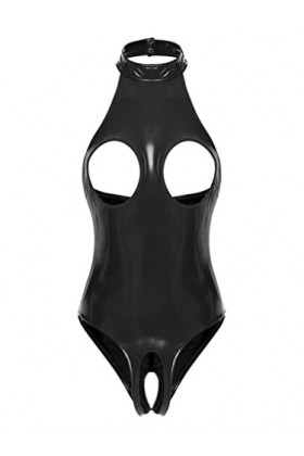 JanJean Body Sting Sexy Ouvert Poitrine Femme Catsuit en Similicuir Wetlook Bodysuit Dos Nu sans Manches Lingerie Combinaison