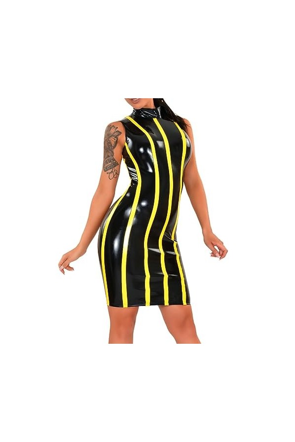ASNAT Latex Naturel Garnitures Jaunes Et Noires Robes Sexy en Latex sans Manches Fermeture Éclair au Dos, Noir avec Jaune, M