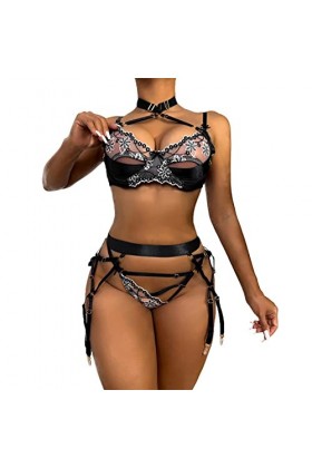 Body Drôle pour Femme Lingerie Pendaison Cou Sexy Évider Couleur Teinte Épissure Drôle Trois Pièces Lingerie Lace 2023 Ensemb