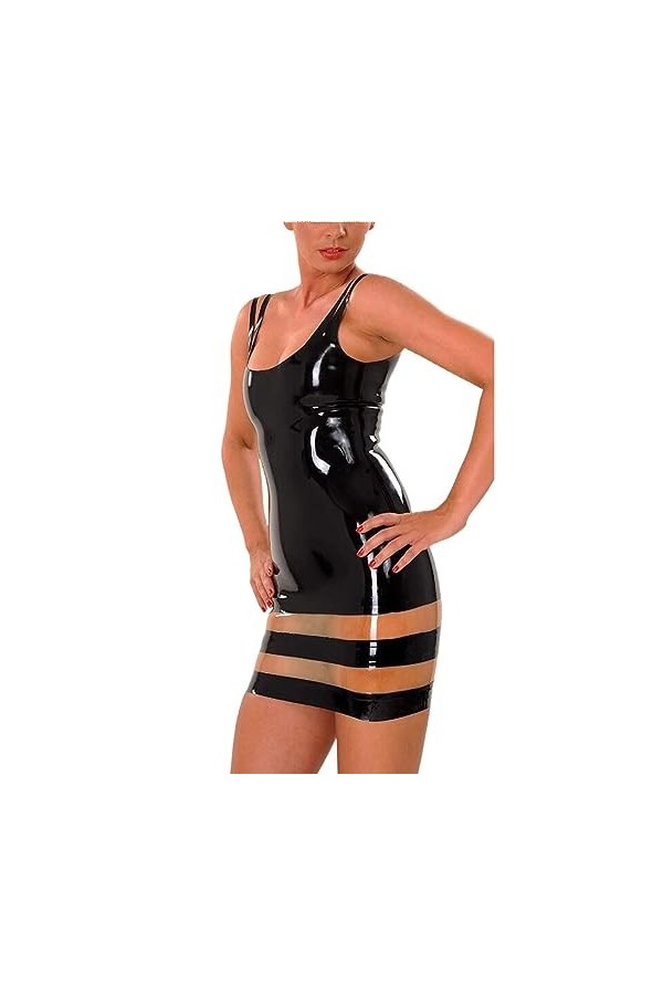 PODSI Robe Noire en Latex à Rayures Transparentes avec Fermeture Éclair au Dos,Noir,S