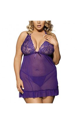 Générique 2PCS Femmes Abeille Negligee Lingerie Sexy Dentelle Plus Taille Nightwea sous-vêtements Lingerie pour Grosse Purpl