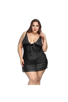 Générique Femmes Lingerie Fleur Dentelle Lingerie V Cou Vêtements De Nuit Bowknot Chemise Tong Été Bijoux Black, XL 