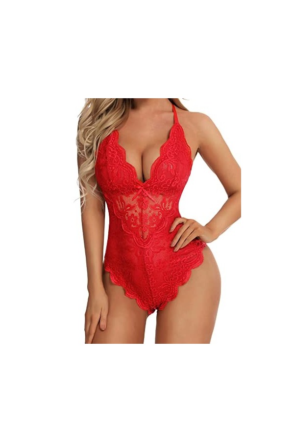 Aranmei Body sexy à lentrejambe pour femme coquine une pièce en dentelle, Rouge, XL