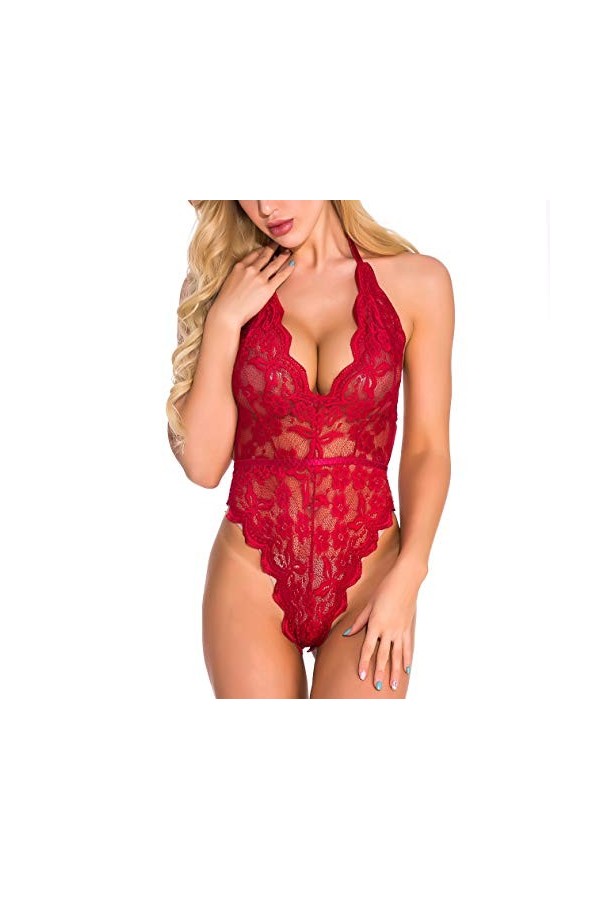 Sexoo Body en V-Cou Sexy en Dentelle avec Nuisettes Teddy Lingerie Dos Nu sous-Vêtements De Nuit Transparent Ouverte pour Fem