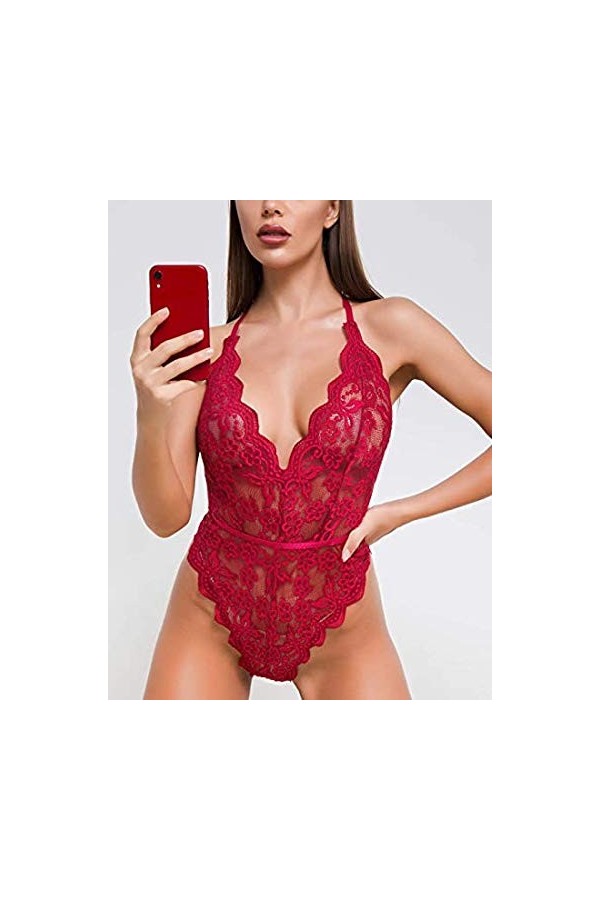 Sexoo Body en V-Cou Sexy en Dentelle avec Nuisettes Teddy Lingerie Dos Nu sous-Vêtements De Nuit Transparent Ouverte pour Fem