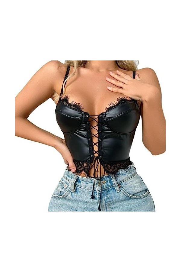 mingxinshangdian Débardeur Sexy Femme Clubwear Wet Look Cuir Verni Dentelle Débardeur sans Manches Cravates Slim Fit Débardeu