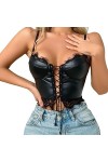 mingxinshangdian Débardeur Sexy Femme Clubwear Wet Look Cuir Verni Dentelle Débardeur sans Manches Cravates Slim Fit Débardeu