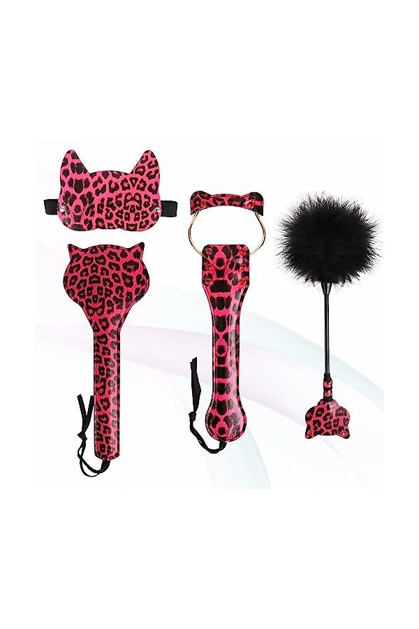 DSJ Set de 4 Accessoires de Punition pour Chat en Cuir Rouge Imprimé Léopard, À Gratter avec des Plumes