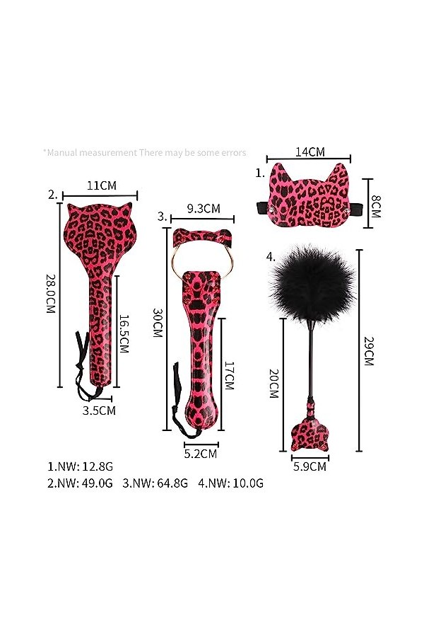 DSJ Set de 4 Accessoires de Punition pour Chat en Cuir Rouge Imprimé Léopard, À Gratter avec des Plumes