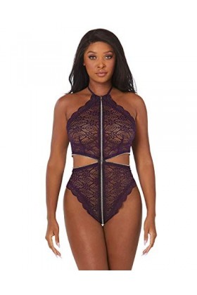 Dreamgirl Lace Halter Teddy - Eggplant