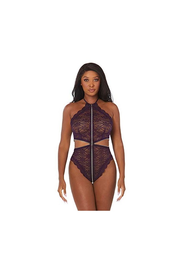 Dreamgirl Lace Halter Teddy - Eggplant