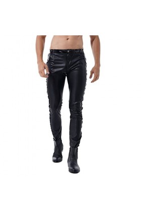 DCIUSTFHE Hommes Sexy Cuir Verni Taille Moyenne Fermeture Éclair Skinny Petite Jambe Pantalon en Cuir Nightclub Bar DS Scène 