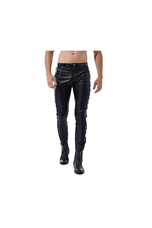 DCIUSTFHE Hommes Sexy Cuir Verni Taille Moyenne Fermeture Éclair Skinny Petite Jambe Pantalon en Cuir Nightclub Bar DS Scène 