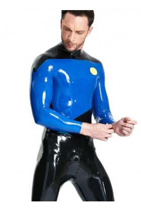 EMSMLAB Homme Noir Et Bleu Double Couleur Assortie Vêtements Latex Dos Zip Catsuit Homme Catsuit, bleu foncé, XL