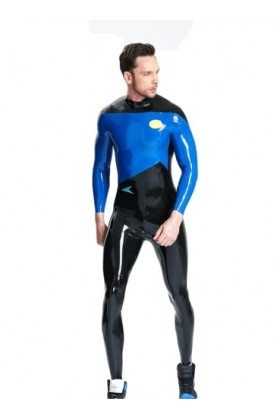 EMSMLAB Homme Noir Et Bleu Double Couleur Assortie Vêtements Latex Dos Zip Catsuit Homme Catsuit, bleu foncé, XL