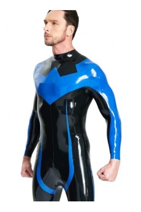 EMSMLAB Mâle Noir Et Bleu Double Couleur Assortie Catsuit Avec Pieds Latex Catsuit En Caoutchouc Costume Latex Vêtements En L