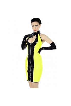 Robes moulantes en cuir brillant sans manches avec gants pour femmes, robe en PVC noir avec fermeture éclair, robe de fête se