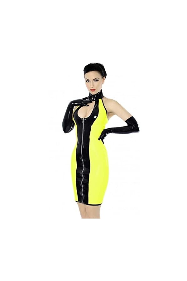 Robes moulantes en cuir brillant sans manches avec gants pour femmes, robe en PVC noir avec fermeture éclair, robe de fête se