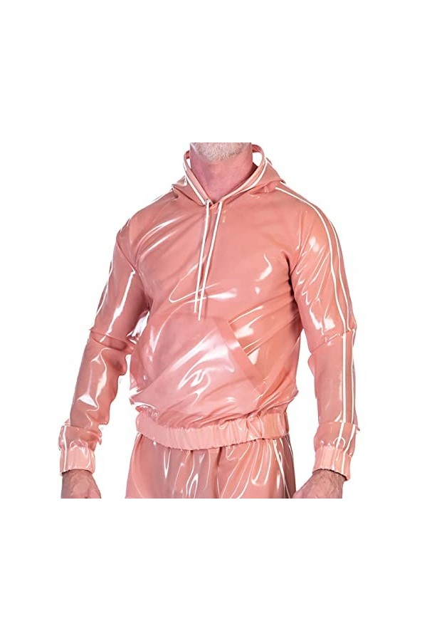Chemises sexy en latex rose et blanc transparent avec poches à capuche à rayures sur le devant en caoutchouc, rouge avec blan