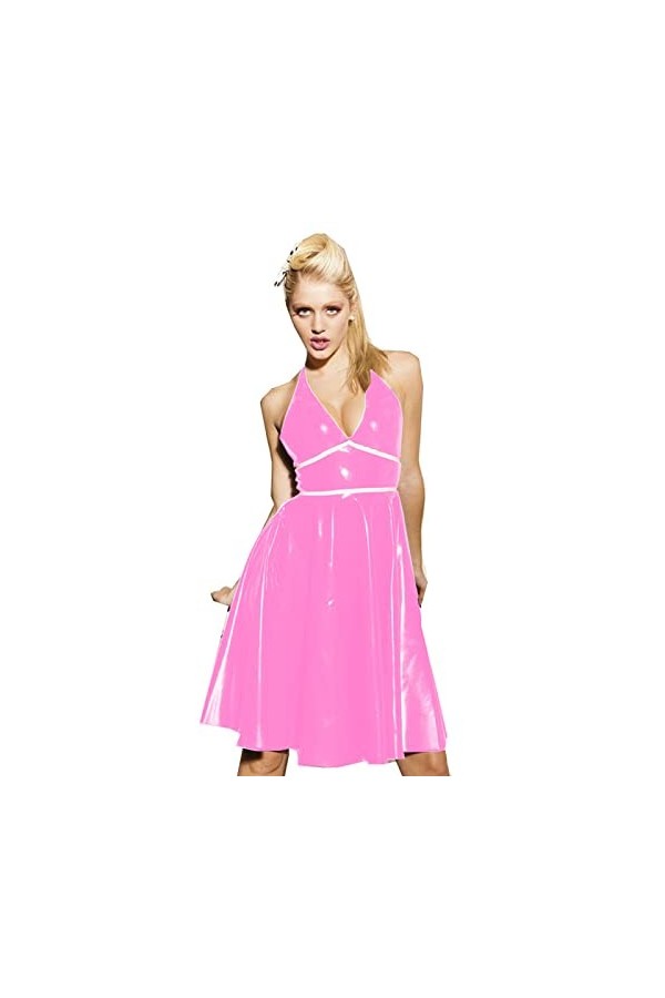 Robe dété sans manches avec col en V profond et plissée, longueur genou, élégante en PVC brillant, blanc, 7XL