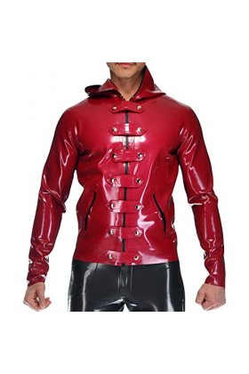 Veste en latex avec poches zippées, capuche, ceintures à lavant, manteau en caoutchouc, marron transparent, homme XL