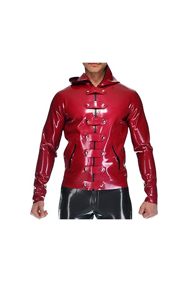 Veste en latex avec poches zippées, capuche, ceintures à lavant, manteau en caoutchouc, marron transparent, homme XL