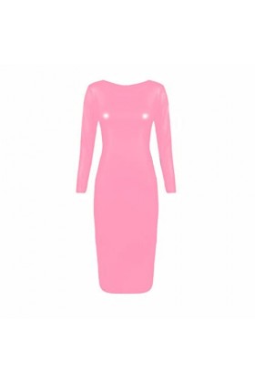 Robe longue simple grande taille à col rond pour femme en simili cuir à manches longues brillant métallique Clubwear Robe lon