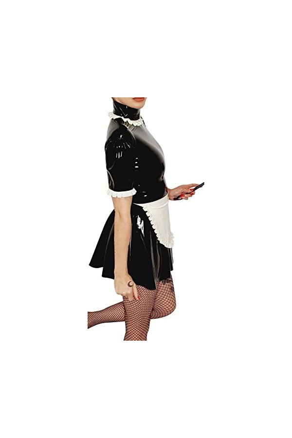 Robe en latex noir et blanc à manches courtes avec tablier avec fermeture éclair dans le dos, volants, uniforme en caoutchouc