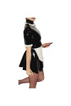 Robe en latex noir et blanc à manches courtes avec tablier avec fermeture éclair dans le dos, volants, uniforme en caoutchouc