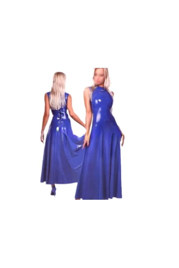 Robe longue 100 % faite à la main en latex naturel avec fermeture éclair dans le dos, bleu foncé, taille XXXL