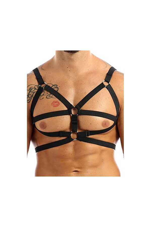 N/A/A Harnais de poitrine élastique réglable pour homme avec anneau torique en métal - Accessoire de soirée - Noir