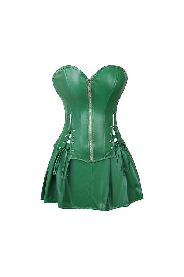 WEITING Gothique Faux Cuir Rouge Vert Corset Robe Gros Busty Basque Corset Mini Jupe Sexy Steampunk Taille Formateur Plus Tai