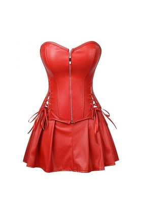 WEITING Gothique Faux Cuir Rouge Vert Corset Robe Gros Busty Basque Corset Mini Jupe Sexy Steampunk Taille Formateur Plus Tai