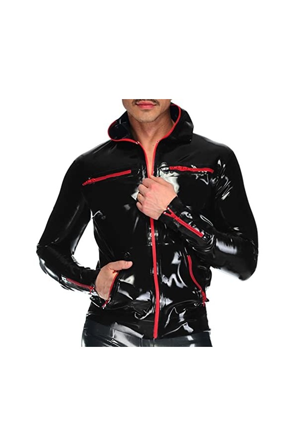 Veste en latex avec poche poitrine zippée, manteau en caoutchouc, rose, taille XS