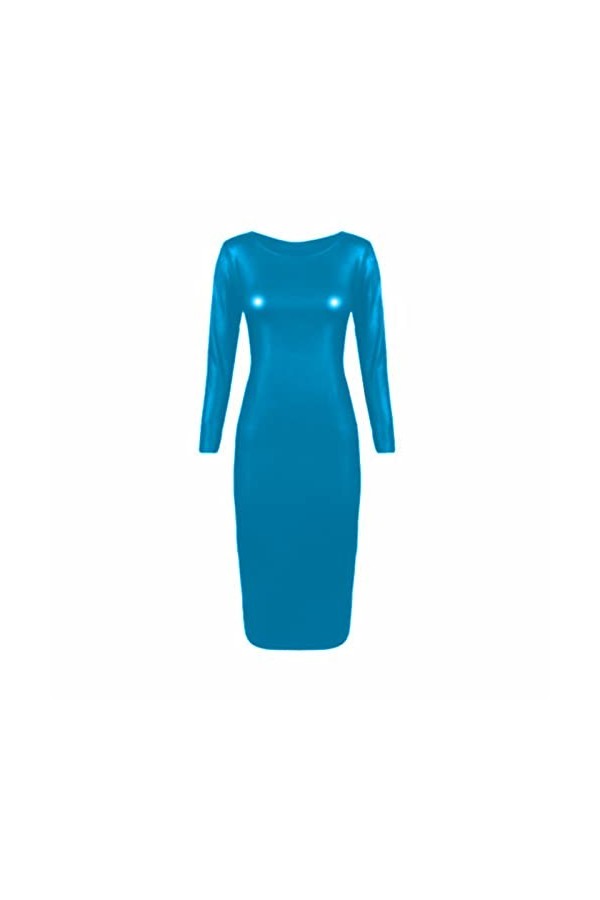 Robe longue simple grande taille à col rond pour femme en simili cuir à manches longues brillant métallique Clubwear Robe lon